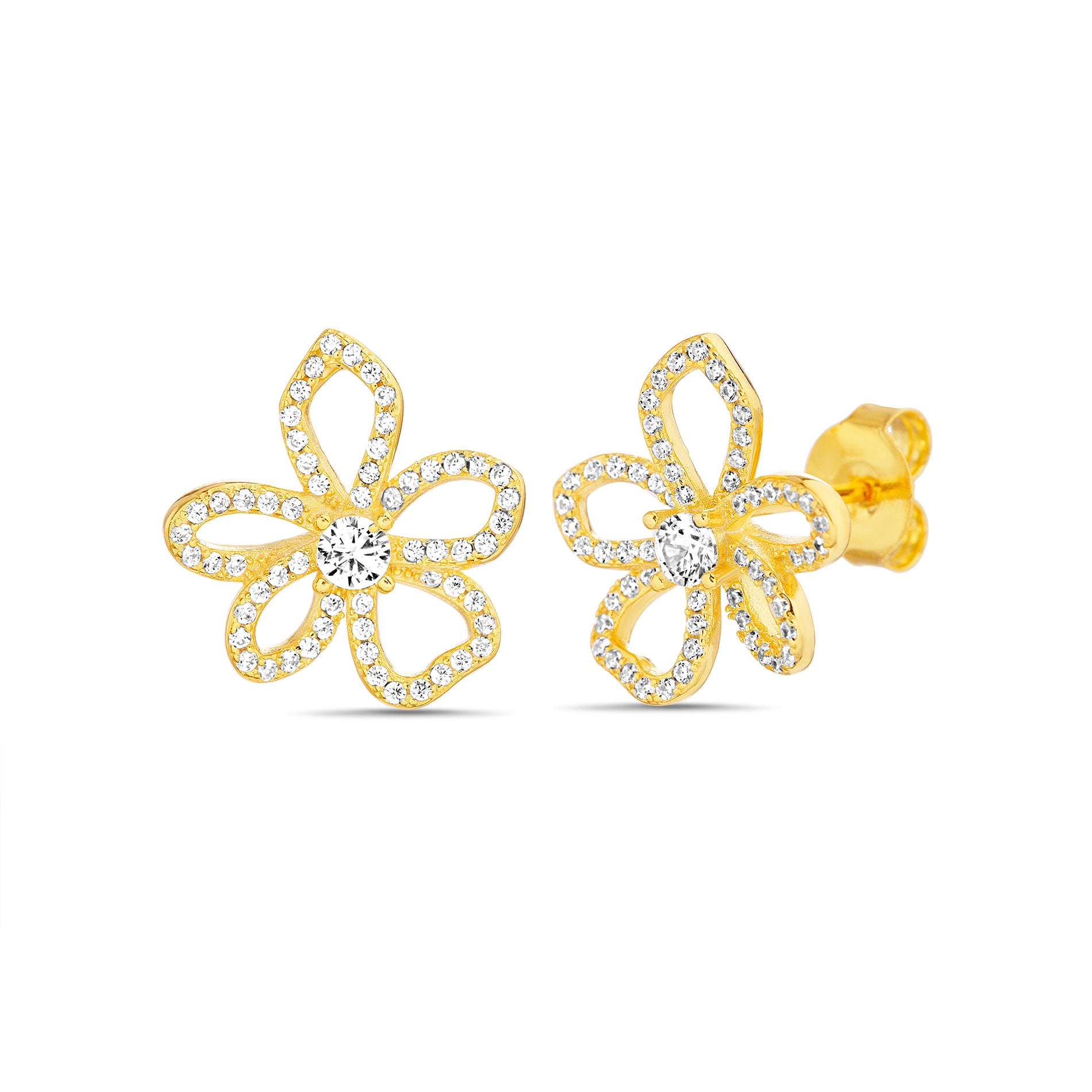 Gold CZ Flower Stud Earrings